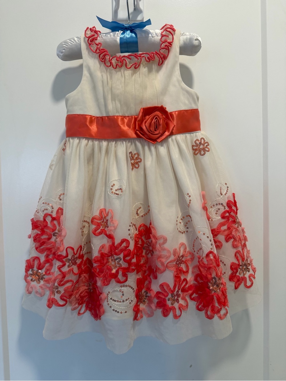 Bonnie Baby Ivory Dress with Coral Floral Embroidery and Satin Rose Sash